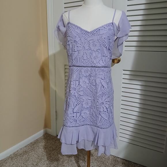 BOOHOO US 8 Lavender Lace Ruffle knee-length Dress spag strap w/ruffle shoulders - Picture 4 of 16